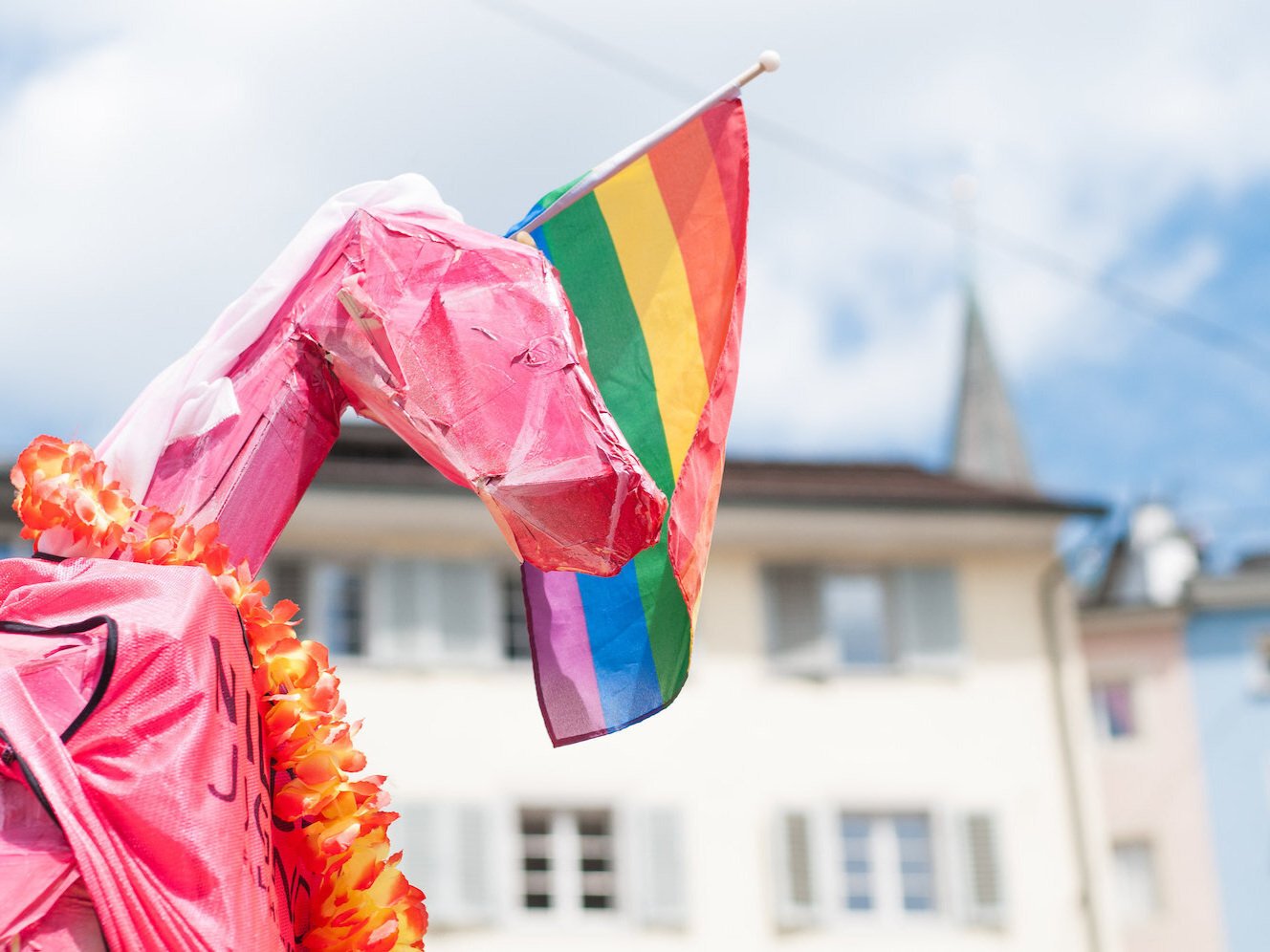 Selbst gebasteltes Einhorn mit Regenbogenfahne an einer Demo