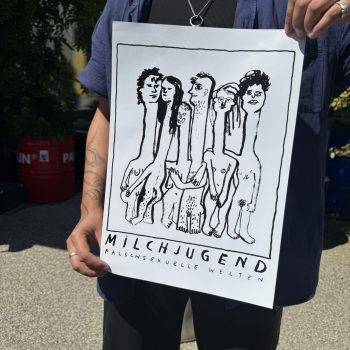 Zeichnung mit abstrakten nackten Menschen, grosser Titelzug: Milchjugend – Falschsexuelle Welten