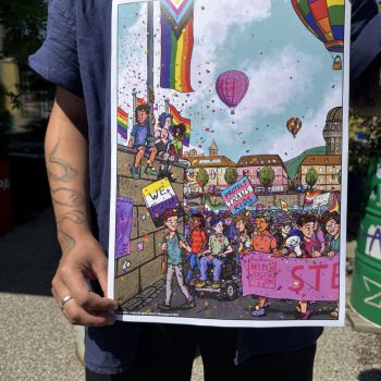 Bunte Zeichnung der Milchjugend-Gruppe am Pride-Umzug am Limmatquai in Zürich