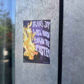 Sticker mit Zeichnung einer gelben Flamme und handschriftlichem Slogan «Trans joy will burn down the Cistem» und klein gedruckt «milchjugend.ch»
