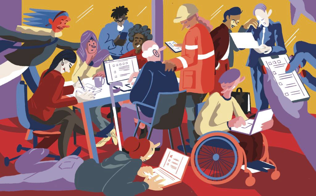 Zeichnung von Menschen am Ausfüllen von Umfragen