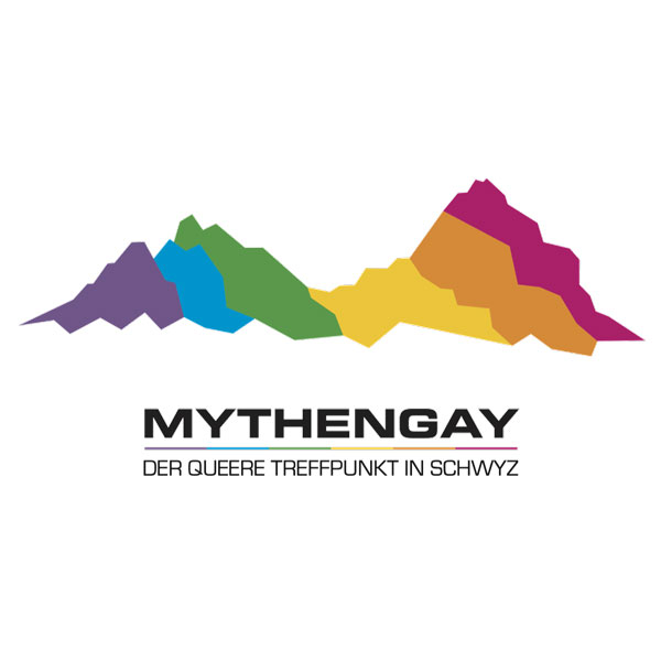 Logo Mythengay - der queere Treffpunkt in Schwyz (Berge in Regenbogenfarben)